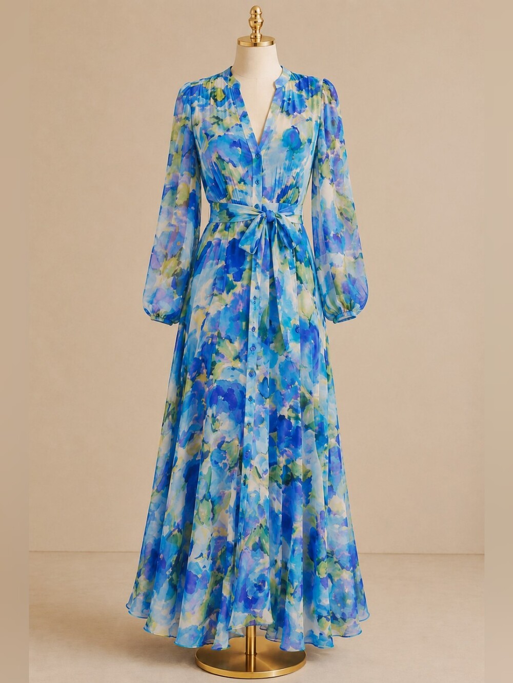 NWT TAYLOR BLUE WATERCOLOR CHIFFON MAXI DRESS SIZE 10 LONG SLEEVE LIGHTWEIGHT - Picture 2 of 13